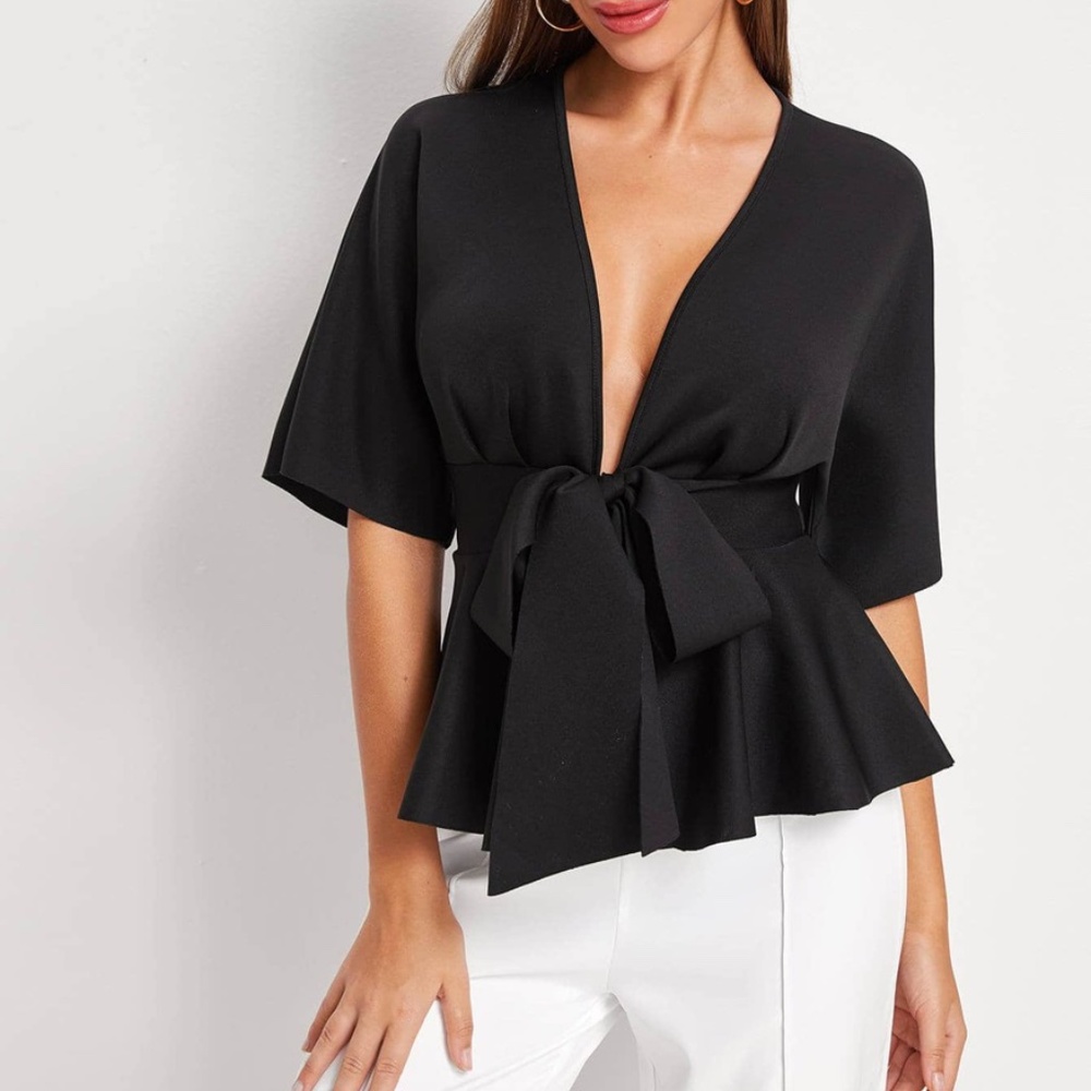 Boho black Plunging Neck Babydoll Top Chic Sexy